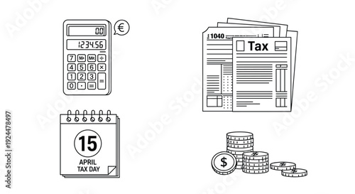 Financial planning and tax preparation icons: calculator, tax forms, calendar, and coins