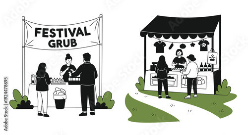 Festival food and merchandise stalls with customers buying goods