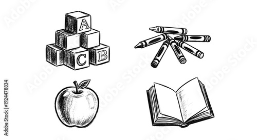 Hand-drawn illustration of school supplies including alphabet blocks, crayons, an apple, and an open book