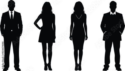 Group of business professionals silhouettes featuring men in formal suits and women in elegant dresses, corporate team standing together, isolated on white background, vector