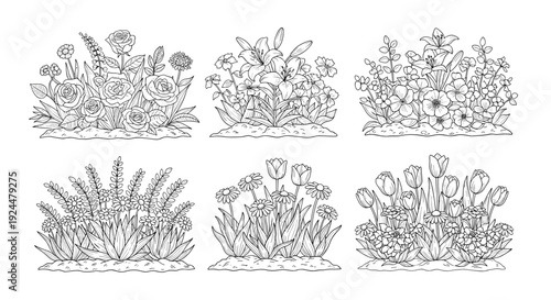 Collection of six hand-drawn floral arrangements in a charming, simple line art style