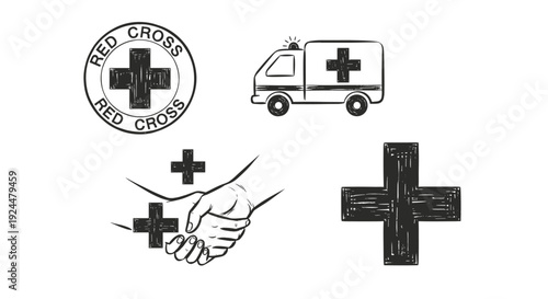 Collection of hand-drawn medical and humanitarian aid symbols including Red Cross and ambulance