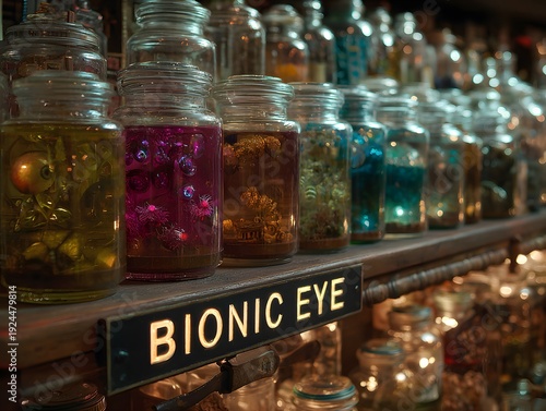 Bionic Eye Elixir: A row of antique apothecary jars filled with colorful liquid and botanical specimens, suggesting an arcane collection or an alchemical laboratory.