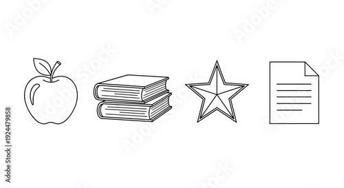 Collection of educational icons: apple, books, star, and document on a white background