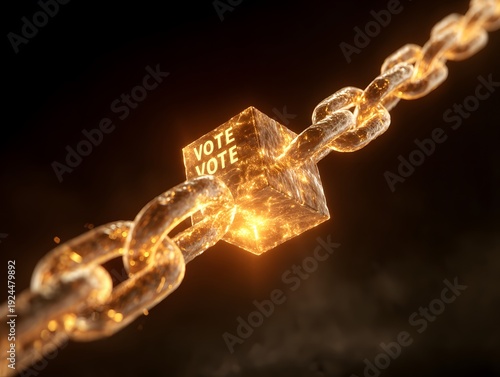 Blockchain Voting Concept: A glowing cube with the word VOTE repeatedly inscribed is intricately linked within a heavy, metallic chain, symbolizing secure and transparent digital democracy.