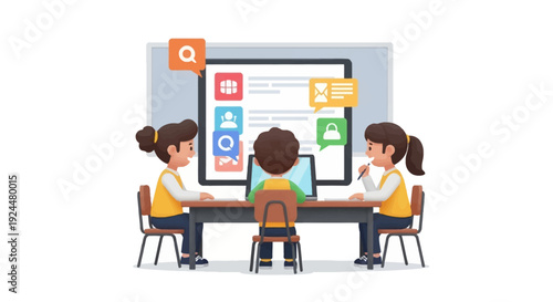 Vector illustration of children and a teacher using digital devices in a classroom for reading and learning with a literacy celebration concept