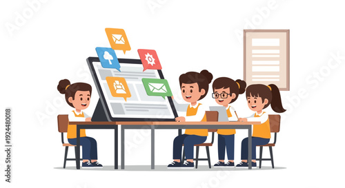 A group of children and a teacher engage in digital learning with a tablet and e-book in a classroom setting, celebrating literacy with a colorful and educational illustration