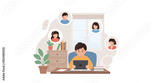 Vector illustration of a boy reading digitally on a tablet with a woman and others online in a classroom setting with educational elements
