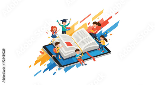 Vector illustration of children and a teacher celebrating Read Across America Day with digital learning and literacy concept on a tablet and eBook in a colorful classroom setting