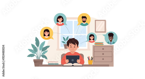 A woman sits at a desk with a tablet surrounded by floating portraits of people in a modern home office with a plant and window