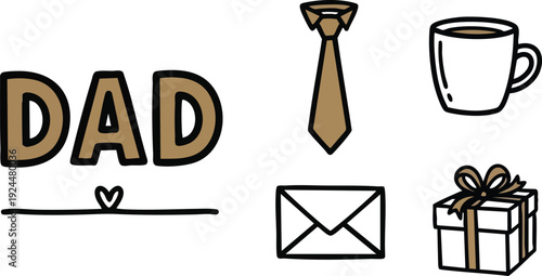 Hand drawn vector art with dad word coffee cup brown tie envelope and gift box icons set for fathers day celebration design with simple outline style