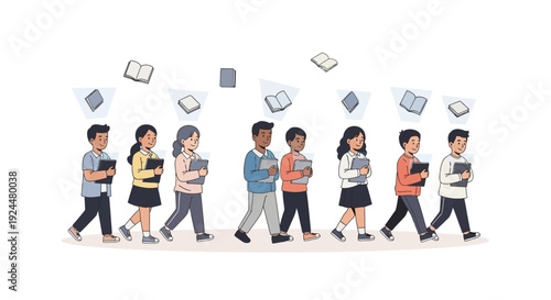 Vector illustration of diverse people walking in a line, reading digital books and celebrating children literacy with floating ebooks in a classroom setting