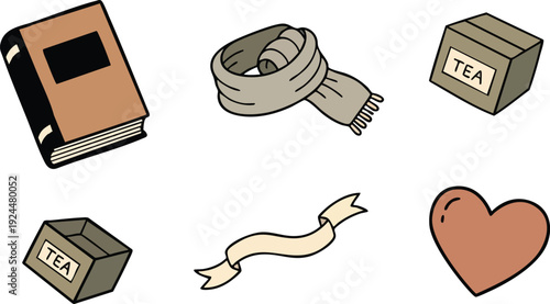 Hand drawn vector art of book scarf tea boxes ribbon and heart isolated on white background flat design for cozy autumn atmosphere and digital crafting with canva svg png styles