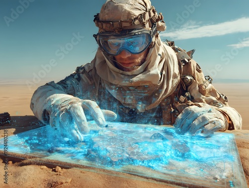 Futuristic Desert Commander: A soldier in desert gear and goggles interacts with a glowing blue holographic map, hinting at advanced technology in a harsh environment.