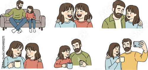 Vector art showing family moments with father mother and daughter sitting hugging laughing drinking coffee and taking selfie in cozy home environment colorful illustration