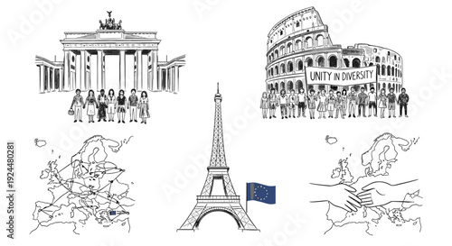 Illustrations of European landmarks and people symbolizing unity and diversity across the continent