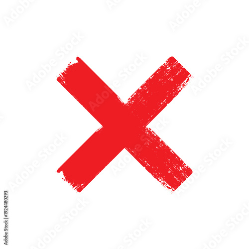 Red Distressed X Mark Icon Representing Error Warning, Negative Vote, Rejected Status, and Grunge Stamped Cancellation Symbol