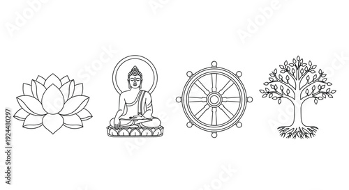 Buddhist symbols including lotus, Buddha, Dharma wheel, and Bodhi tree in a clean line art style