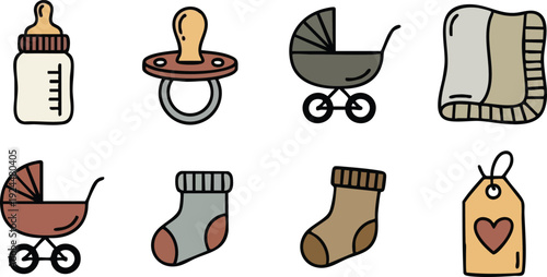 Hand drawn vector art set of baby bottle pacifier pram stroller socks and blanket with tag in soft muted colors simple flat design style
