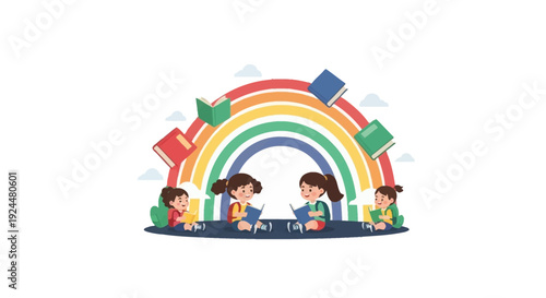 Vector illustration of children and a teacher reading digital books and ebooks on tablets under a colorful rainbow, celebrating children literacy and reading across America day
