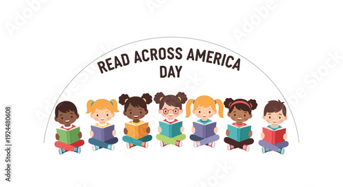 Vector illustration of diverse children celebrating Read Across America Day with a digital reading concept in a classroom setting with a woman teacher