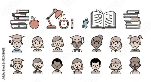 Vector illustration of diverse kids and teacher icons for Read Across America Day, celebrating children literacy with digital learning and reading concepts in a classroom setting