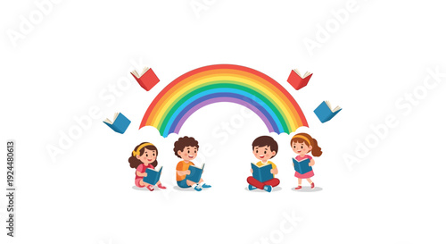 A group of diverse children sit under a rainbow surrounded by books and digital devices in a colorful literacy celebration illustration