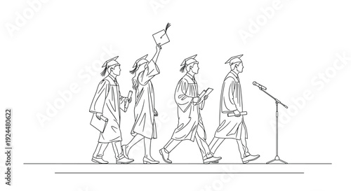 Graduation ceremony line drawing of students in caps and gowns walking towards a microphone