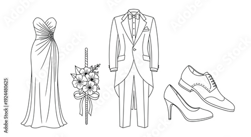 Elegant wedding attire for bride and groom, including dress, tuxedo, and shoes