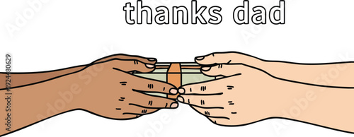 Minimalist vector art showing two diverse hands exchanging a small wrapped gift with text thanks dad above simple flat design illustration for fathers day concept in png svg canva