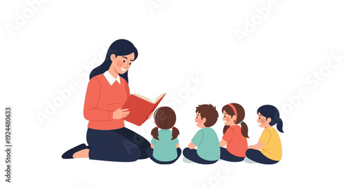 A woman reads a book to three children sitting in a row in a colorful cartoon illustration promoting literacy and learning