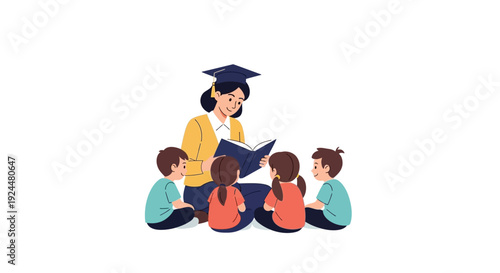 A woman teacher in a graduation cap reads a book to three attentive children in a classroom setting with digital learning elements