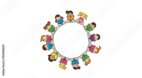 Vector illustration of diverse children and a teacher forming a circle for a Read Across America Day literacy celebration with digital learning elements