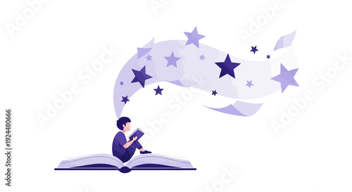 Vector illustration of a child reading a book with stars and a crescent moon coming out of it, symbolizing digital learning and literacy in a magical classroom setting