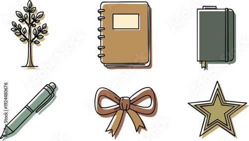 Hand drawn vector art set including small leafy tree spiral bound notebook green notebook pen brown bow star in minimalist style simple objects collection with soft shadows