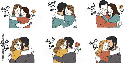 Vector art six different hugging father and daughter pairs with thank you dad text and flower illustration in pastel colors for fathers day appreciation celebration