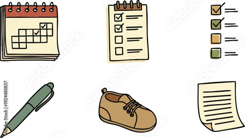 Hand drawn style checklist and calendar icons with pen shoe and note paper set flat design for canva svg png files