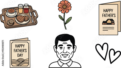 Minimalist vector art of smiling man face with fathers day greeting cards flower and hearts flat design composition including breakfast tray and love symbols