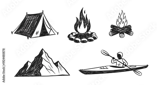 Hand-drawn outdoor adventure icons: tent, campfire, mountains, and kayaking