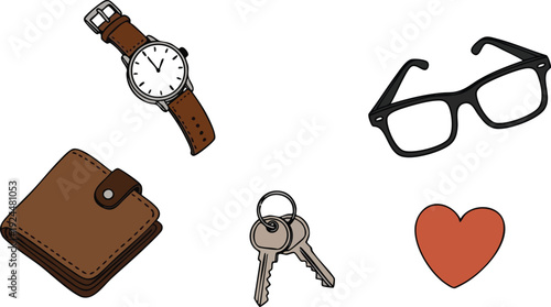 Minimalist flat design vector art of brown leather watch black glasses keys and red heart icons on white background vibrant svg png canva elements