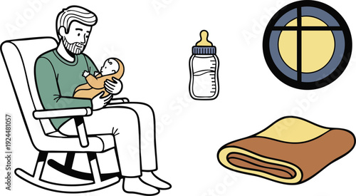 Minimalist vector art of man sitting on rocking chair holding baby with bottle blanket and window in cozy nursery scene in soft colors calm mood canva svg png