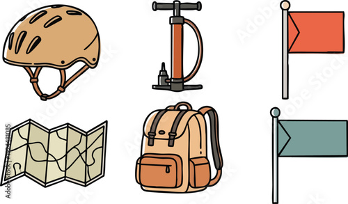 Hand drawn vector flat design set of cycling helmet bicycle pump backpack travel map and colored red blue flags for adventure hiking outdoor activity