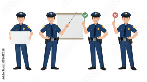 Set of four illustrated police officers in various poses with signs and gestures