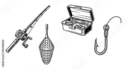 Fishing gear collection including rod, reel, tackle box with lures, net, and hook