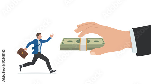 A man running towards a hand offering money in a simple illustration