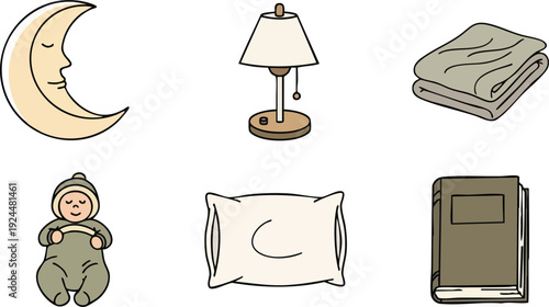 Minimalist vector art collection featuring sleepy crescent moon, cozy sleeping baby, bedside lamp with pull cord, folded blanket, soft pillow, and closed book icons
