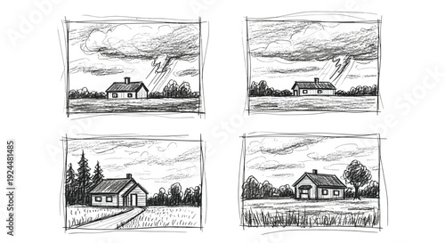 Four panel sketch of rural houses with changing weather and seasons