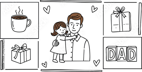 Minimalist black and white line art father hugging daughter with love hearts coffee cup and gift box present and dad blocks flat design vector illustration canva svg png