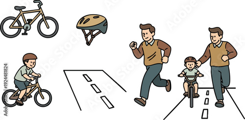 Flat design vector art of father teaching son to ride bicycle on road with helmet nearby and running beside child with happy expression