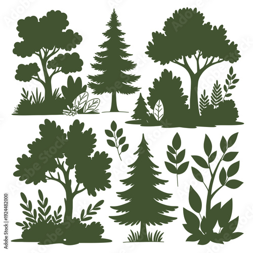 Set of Green Trees and Plants Silhouettes vector